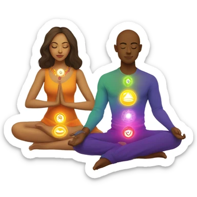 Light skin Man and woman lovers with 7 chakra symbols meditating sticker