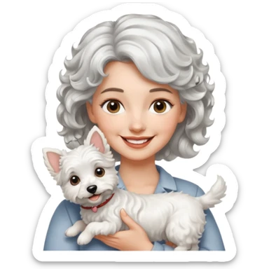 silver, short, wavy-haired with loose curls, smiling pretty lady holding a westie dog sticker