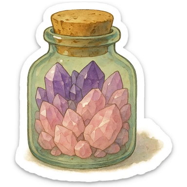 amethyst and rose quartz crystal pieces in a jar, natural colors, soft, fairy-like atmosphere, no background, square size sticker