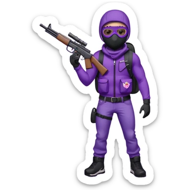 YN wearing a ski mask, holding a gun, purple jeans, Sprayground bookbag, confident stance sticker