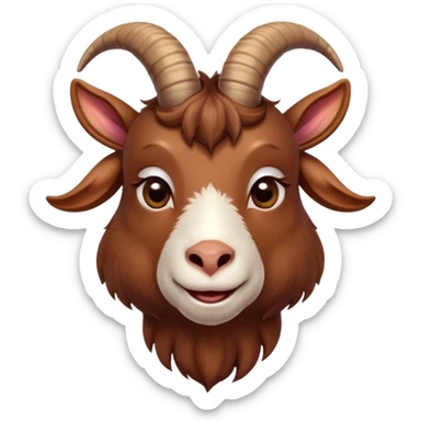 Cinematic Cute Brown Goat Portrait Emoji, Head tilted playfully and inquisitively, featuring a glossy, rich brown fur with charming curved horns, round, sparkling eyes filled with gentle curiosity, Simplified yet irresistibly adorable features, highly detailed, glowing with a warm, friendly glow, high shine, affectionate and lively, stylized with a touch of rustic whimsy, bright and endearing, soft glowing outline, capturing the essence of a mischievous yet loving goat, so playful it feels like it could trot out of the screen and into your arms! sticker