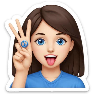 brunette girl holding 2 peace signs and ￼tongue out but make the teeth show just a little! and blue eyes  sticker