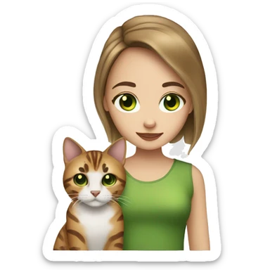 White skin girl with brown hair and a bengal cat with green eyes sticker