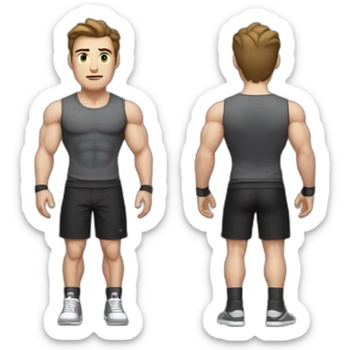 Confused Pale skinned Fit Man With the biceps and dark brown hair in black shirt, gray sports shorts and white Sneakers sticker