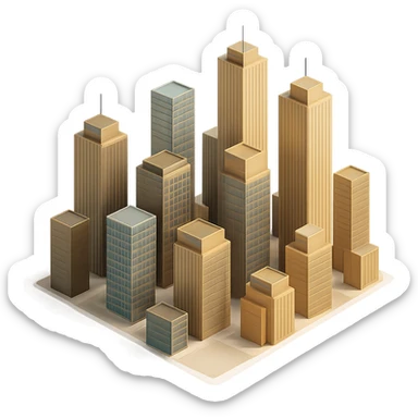 Add more skyscrapers to the scene, keeping the 3D Black style but without using black color. Use metallic and reflective surfaces, realistic lighting, and depth to enhance the cityscape. sticker