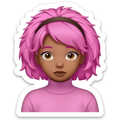 black fluffy haired girl with pink turtleneck sweater and pink hair band sticker