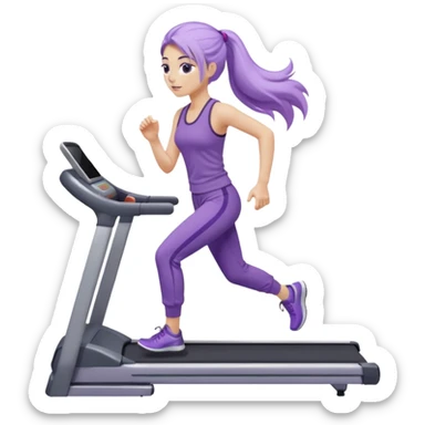 Девушка белокожая на беговой дорожке, с длинными светло-лиловыми волосами, в лиловом топе, в серых спортивных штанах, с черными ресницами sticker