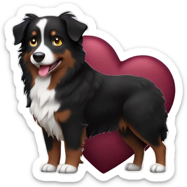 Small black australian shepherd dog with huge maroon heart sticker
