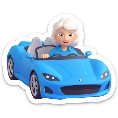 Make the mother with white hair in the blue sports car look fast and furious, add dynamic motion effects, intense expression, sporty 3D emoji style, no background sticker