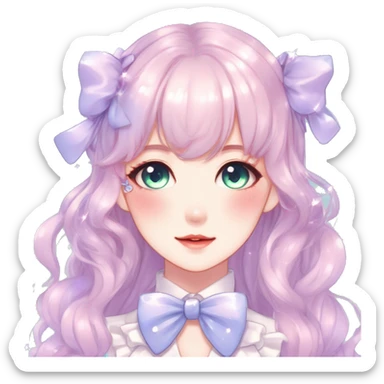 Gorgeous pastel anime style lady with blushing face with sparkly bow tie idol model cottagecore fairycore pastelcore shiny colorful pearly petite simplistic aesthetic trending style sticker