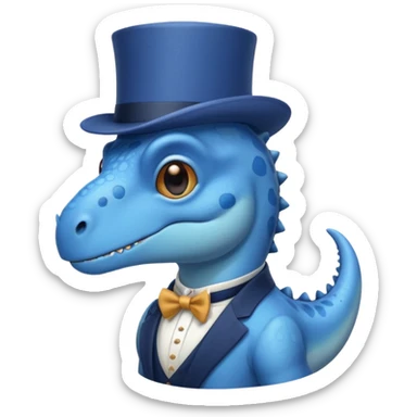 A flat blue dinosaur like 🦕 with monocle and tophat sticker