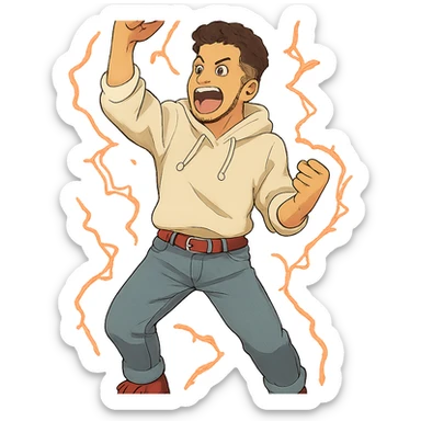 1 male, mid fade haircut dark chestnut brown curly hair, toasted lightskin, white hoodie sleeves up, fashion jeans, red fashion-sneakers shoes, red belt, short trimmed beard and goatee,  style of deku from "my hero academia" doing a "heck yeah!" exclaimation pose with red electricity sticker