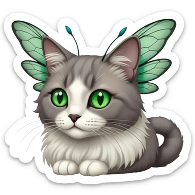 dark gray ragdoll Cat white face with dragonfly wings antennae green eyes sticker