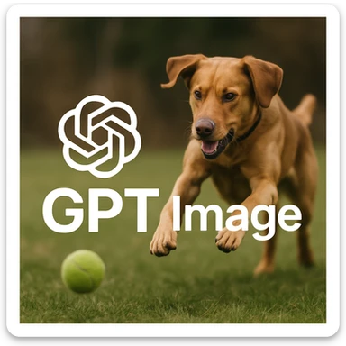  logo of chat gpt with text "GPT Image" on the background of a dog chasing ball, realistic image sticker