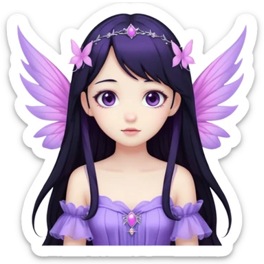Gothic anime fairy with long beautiful black hair and violet dress, pastelcore, sticker