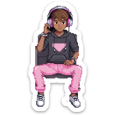 boy in pink pants sitting at a computer listening to music with headphones sticker