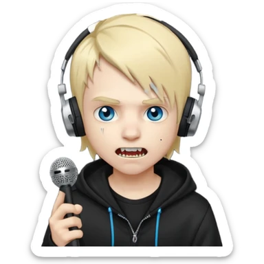 boy vampire whit blonde emo hair and eyes blue and grey skin and heandphones black AND A MICROFONE AND GOLD TEETH and agesive face and the hoodie black  sticker