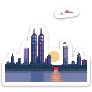 pixel art of the Twin Towers at sunset sticker