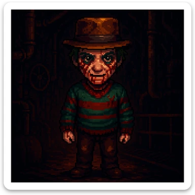Add a spooky, nightmarish background with a boiler room and dark shadows behind Freddy Krueger, keep pixel art style sticker
