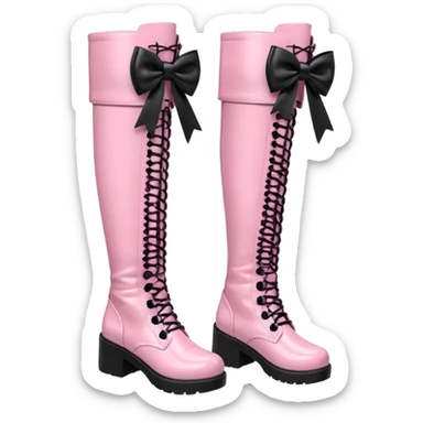 Realistic Pink kawaii style combat thigh-high boots, with black bows sticker
