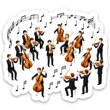Icon for Classical Music: symphonic orchestra with musicians playing violins, cellos, and flutes, led by a conductor with a baton. Musical notes float around, capturing the elegance and harmony of classical music. Transparent background. sticker