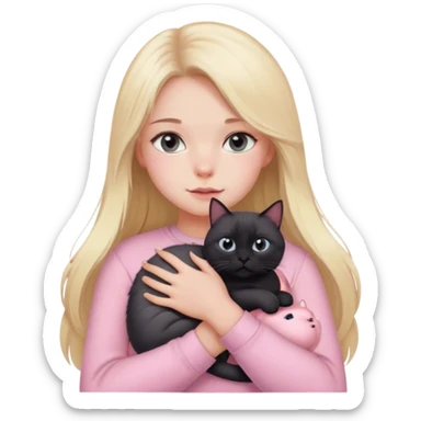 girl with blond long hair, grey eyes and fair skin in pink pastel clothes holds a black British cat in her arms sticker
