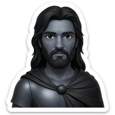Pluto from Roman Mythology with black eyes, long black hair and beard, dark gray metallic tunic, black metallic cloak sticker