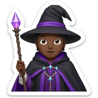 Wizard, black cloack with black hat, wand with purple magic, anime style, 3d sticker