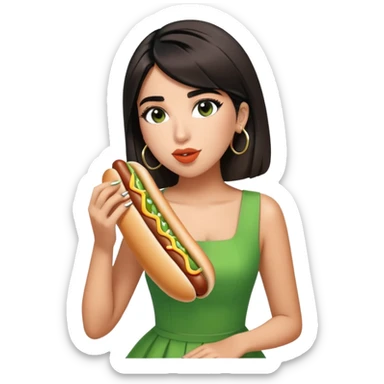 Create a picture of Dua Lipa in this green dress eating hot dogs sticker