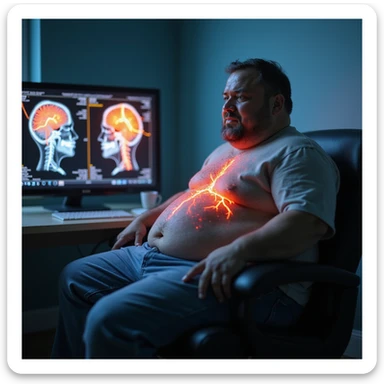hyper-realistic medical CGI of an obese man sitting in a doctor's office with a brain scan on a monitor behind him showing inflamed hippocampus in red, shrunken prefrontal cortex, yellow lightning for glucose spikes, black amyloid plaques, constricted blood vessels, 4K clinical sticker