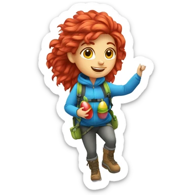 Female winter mountain climber red windy hair climbing with Greek flag on backpack and holding Easter eggs basket sticker