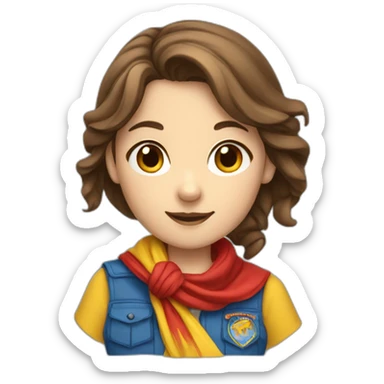A scout girl with Brown hair with a knotted RED AND YELLOW scarf and a blue scout shirt sticker