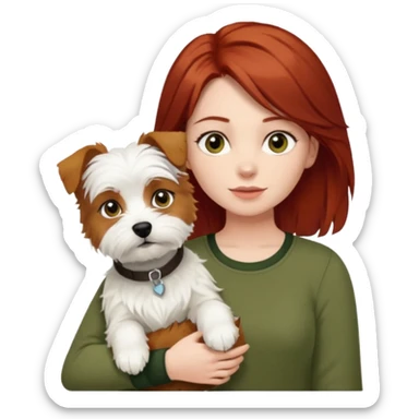 Westhighland white terrier dog being held by woman with dark shoulder length red hair and hazel eye wearing olive green top sticker