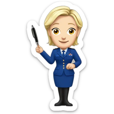 Marine Le Pen with a pen in her right hand and an iPhone 15 in her left hand  sticker