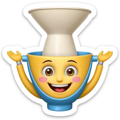 Crazy laughing emoji on upside-down kitchen funnel on its head (not a hat), wide smile, big eyes, cartoon emoji style, bright colors. sticker