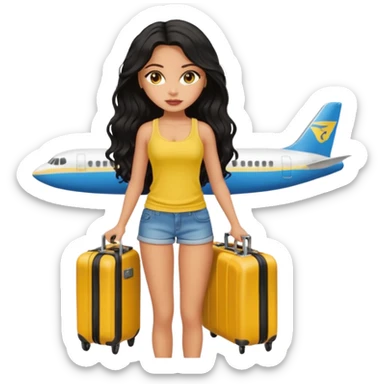 a pretty bratz dusky girl with long wavy black hair in a yellow tank top with a black suitcase at an airport sticker
