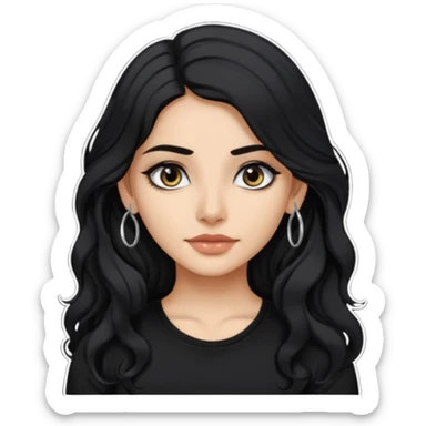 a pretty FAIR indian bratz girl with wavy long black hair, wearing a black tshirt, eyeliner on. no earrings sticker