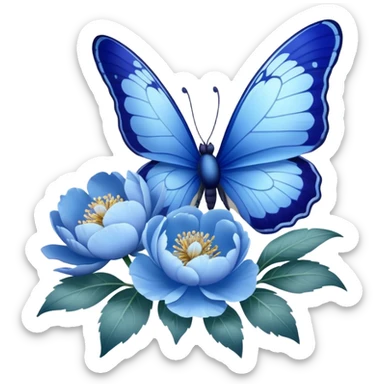 A delicate butterfly with cobalt blue and powder blue wings, its edges dusted with shimmering silver, gently perched on a cluster of blooming pastel blue peonies and deep navy pansies, their petals unfolding in the soft sunlight. sticker