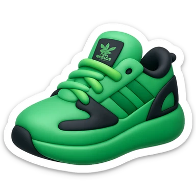 Transform this green sneaker into a 3D emoji style with a simplified and rounded design. Make it playful and vibrant while keeping the main green and black color scheme. No background. sticker