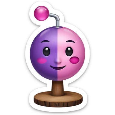 A half pink half purple ball with a face wooden stem followed by a glass stem on top of the wood stem tilted 90 degrees sticker
