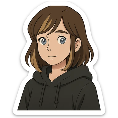 designer girl with blue eyes, brown hair with blonde highlights, black hoodie sticker