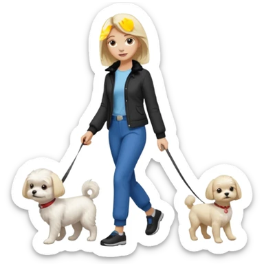 blonde woman wearing pants, walking a small maltese dog. sticker