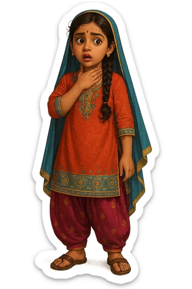 A girl in traditional desi attire holding her own neck, expressive, detailed clothing, vibrant colors, full body, no background sticker