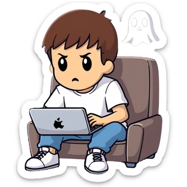 Young brunette boy wearing a ghost face tee shirt and playing video games on PC sticker