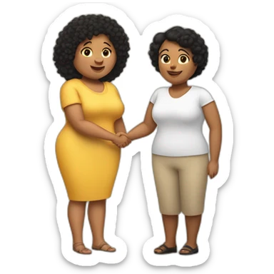 tan chubby woman with black curly hair shakes hands with a chubby pale woman who has straight light brown hair sticker