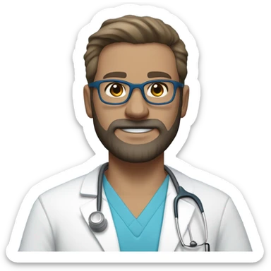 male dark blond haired doctor in scrub cap with grey van dyke beard with hazel eyes and small wire-rimmed glasses in blue scrubs holding a large paintbrush sticker