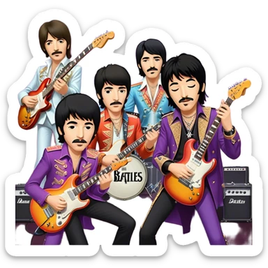 Rock music icon: collage of legendary rock stars—The Beatles, Jimi Hendrix, Elvis Presley, Queen, Nirvana, Led Zeppelin. Electric guitars, amplifiers, and microphones surrounded by vibrant stage lights and musical notes. Transparent background. sticker