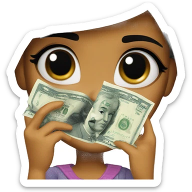 Black hair bratz girl wipes away tears with a banknote sticker