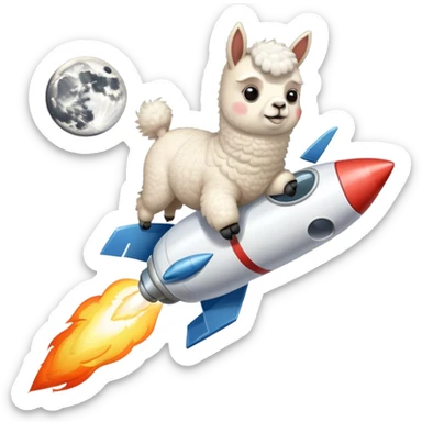 Alpaca flying to the moon on top of a rocket  sticker