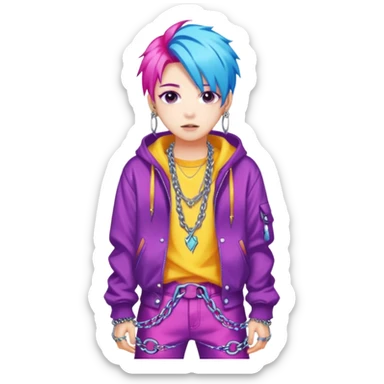  portrait-of-young-monster-idol-in-kpop-style,-wearing-flashy-streetwear-outfit,-colorful-dyed-hair,-confident-pose,-accessorized-with-chains- sticker